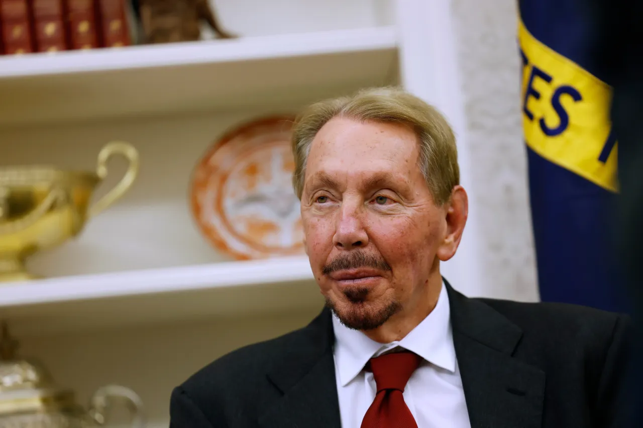  Oracle co-founder Larry Ellison listens as U.S. President Donald Trump speaks to reporters in the Oval Office of the White House on February 03, 2025, in Washington, DC.