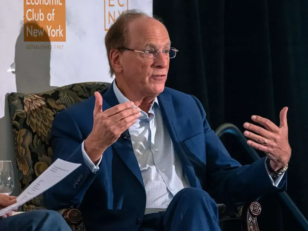 BlackRock CEO Larry Fink speaks at the Economic Club of New York on April 07, 2025, in New York City. (Photo by Spencer Platt/Getty Images)