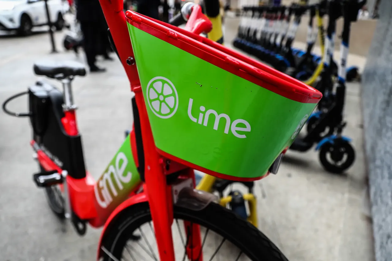 Lime logo is seen on the bike in Milan, Italy