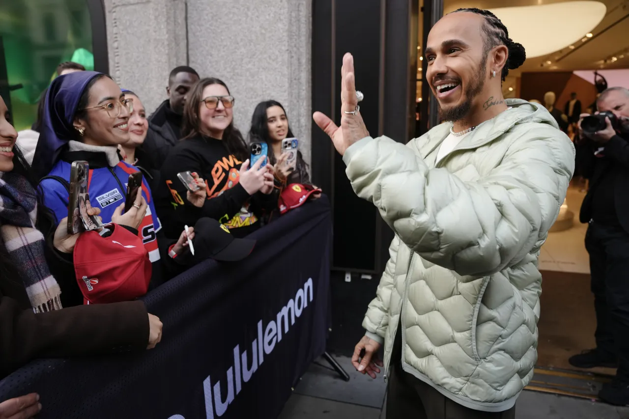 Lewis Hamilton meets fans at the Lululemon store in Regent St, London. Picture date: Sunday December 14, 2025.