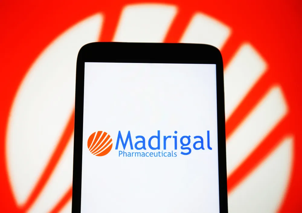 In this photo illustration, Madrigal Pharmaceuticals logo is seen on a smartphone screen. (Photo Illustration by Pavlo Gonchar/SOPA Images/LightRocket via Getty Images)