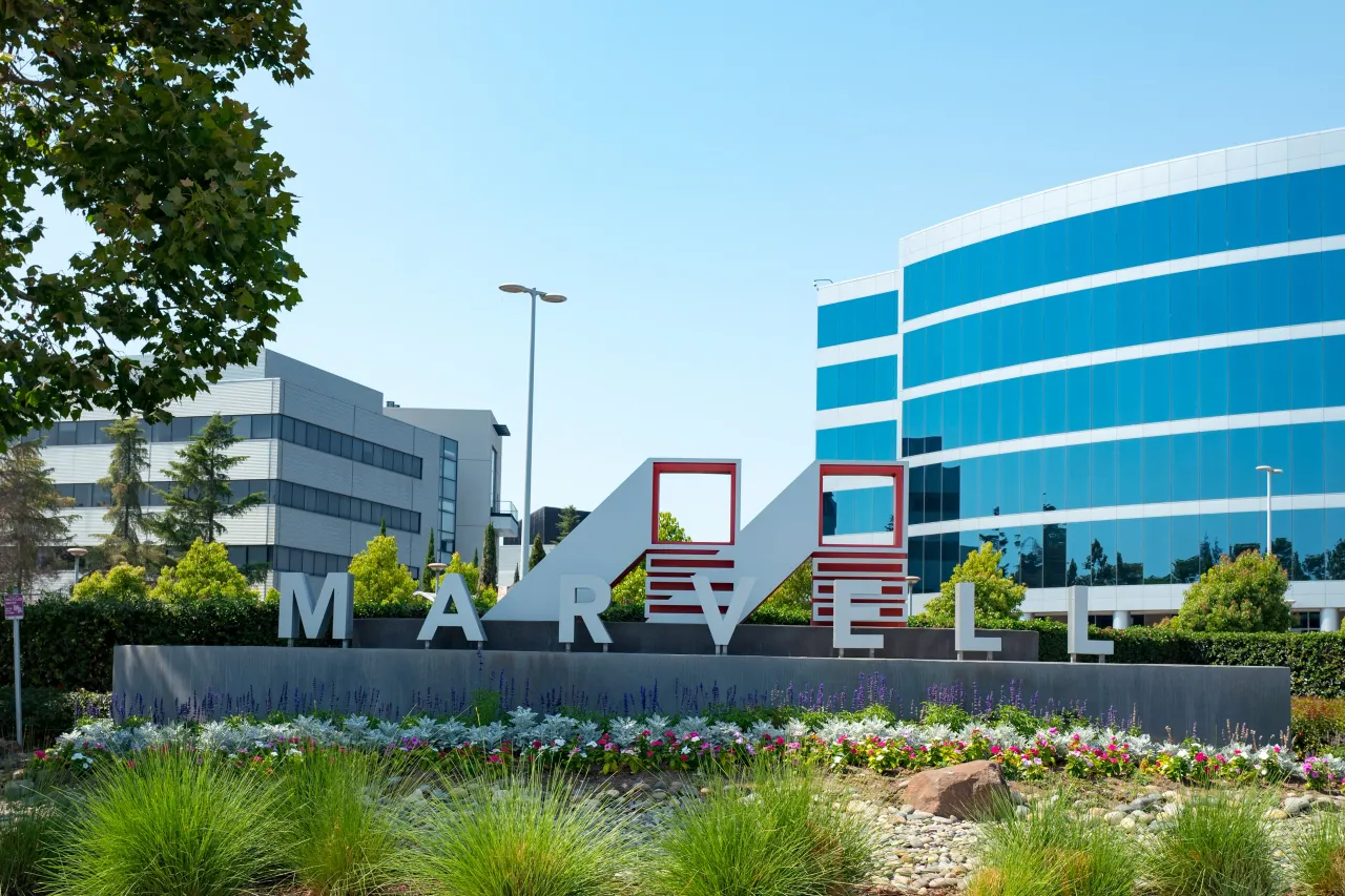  Signage with logo at the Silicon Valley headquarters of semiconductor company Marvell, Santa Clara, California, August 17, 2017. 
