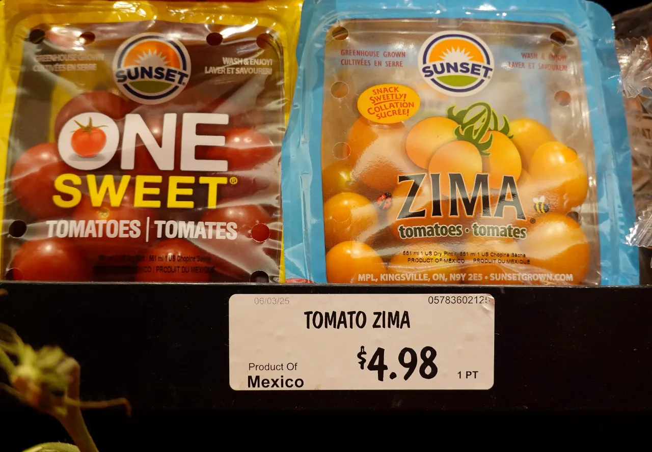 Tomatoes from Mexico are displayed on a grocery store shelf on July 14, 2025, in San Anselmo, California. 