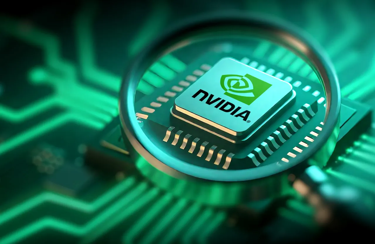 In this photo illustration, an Nvidia chip is seen through a magnifying glass on August 1, 2025 in Beijing, China. 