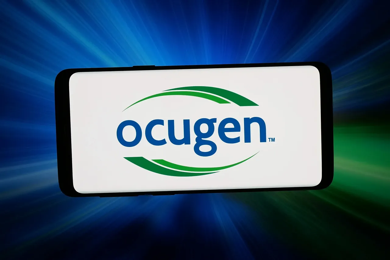 In this photo illustration, the logo of US biotechnology company Ocugen Inc is displayed on a smartphone