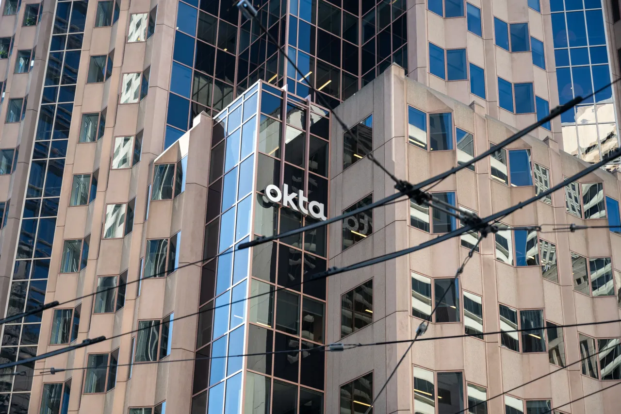 Facade of Okta office building with visible logo, San Francisco, California, August 20, 2024. 