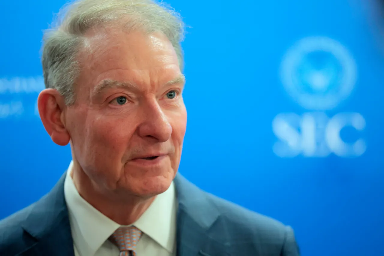 SEC Chairman Paul Atkins speaks to reporters after giving opening remarks at a roundtable with the SEC's Crypto Task Force at SEC Headquarters on April 25, 2025 in Washington, DC. 