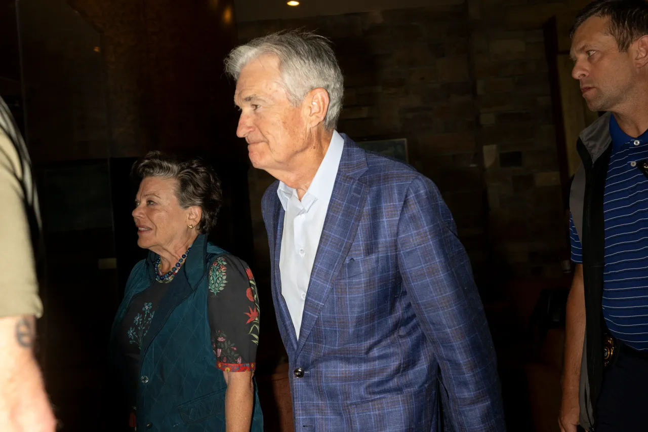 Federal Reserve Chair Jerome Powell arrives at the Jackson Economic Symposium August 21, 2025 near Jackson Hole, Wyoming. 