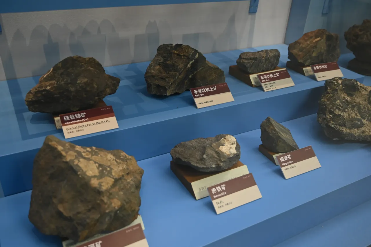 Samples of rare-earth minerals from Baiyun'ebo or Bayan Obo mining district are on display at the Institute of Geology and Geophysics, Chinese Academy of Sciences (IGGCAS) on May 17, 2025, in Beijing, China. 