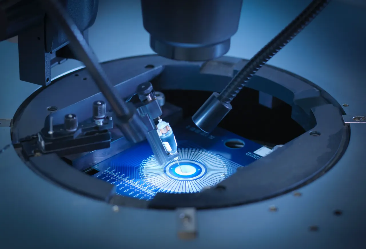 Machine checking silicon wafers in clean room laboratory, close up - stock photo courtesy of Monty Rakusen via Getty Images