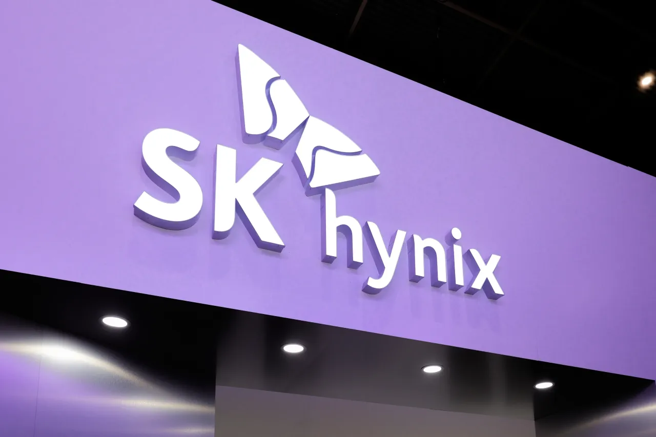 The SK Hynix logo is being displayed on their pavilion at the Mobile World Congress 2024 in Barcelona, Spain, on February 28, 2024. 