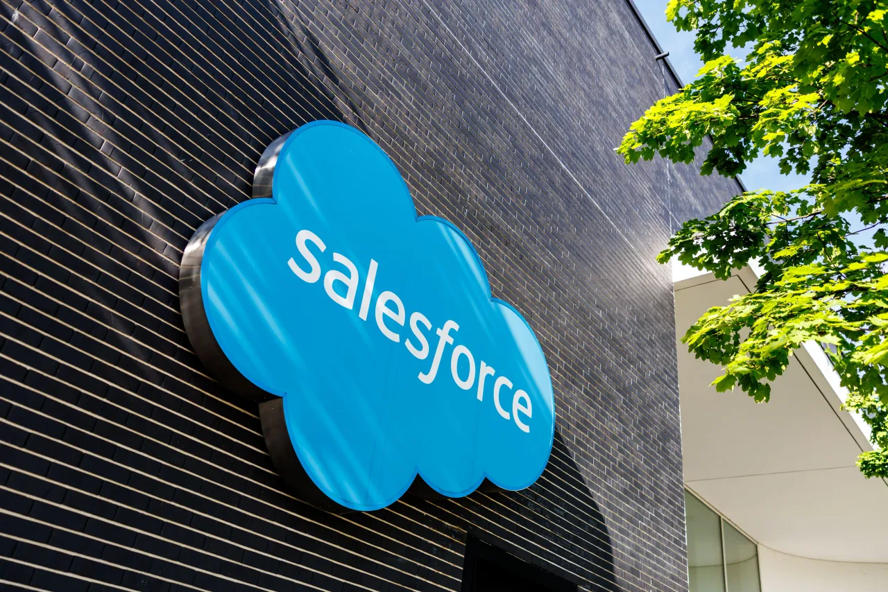 The Salesforce logo and lettering can be seen on the facade of the company's Munich headquarters on June 24, 2025, in Munich (Bavaria). 