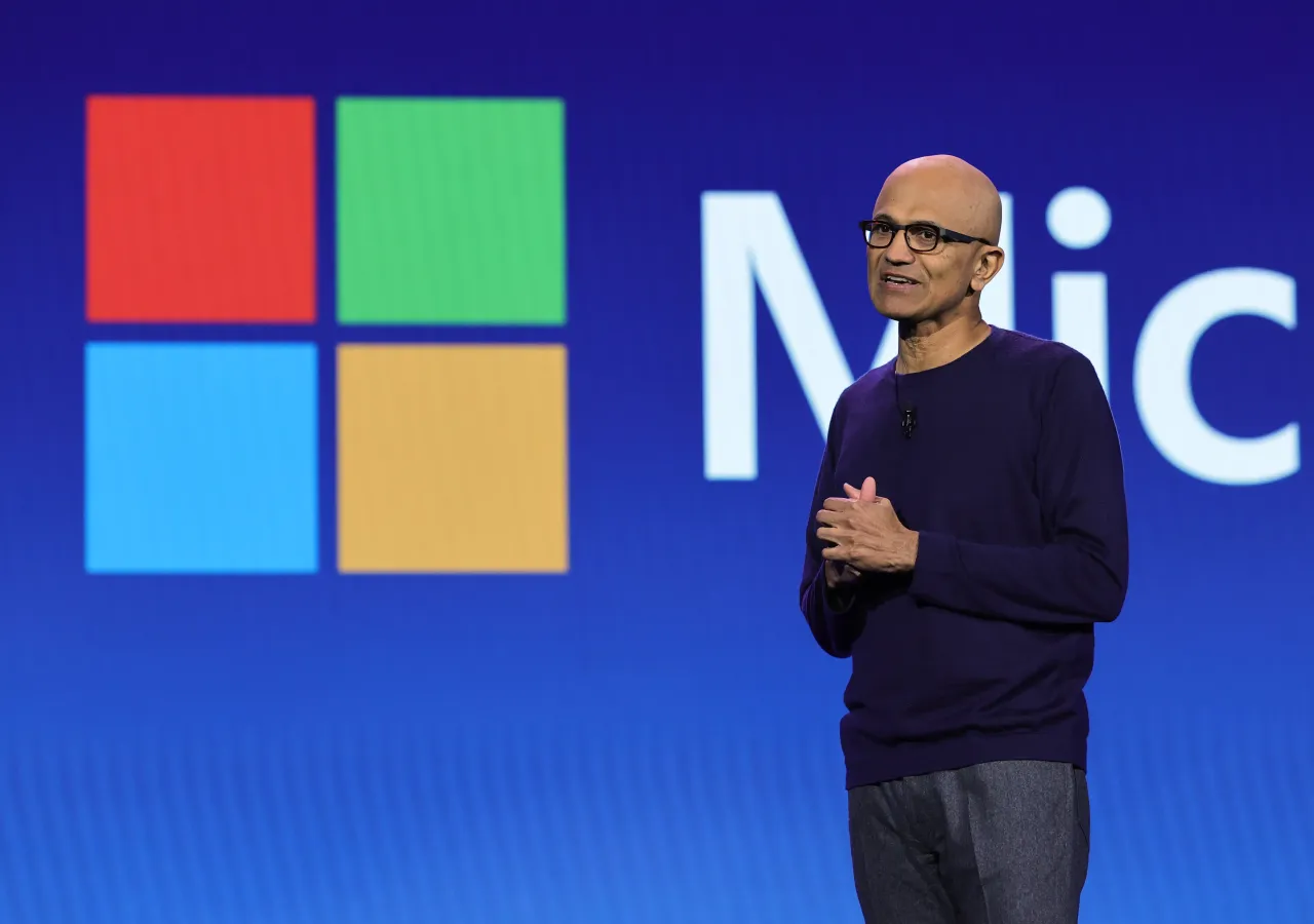 Microsoft Chairman and CEO Satya Nadella speaks during a keynote address by Walmart Inc. President and CEO Doug McMillon during CES 2024 at The Venetian Resort Las Vegas on January 9, 2024 in Las Vegas, Nevada. 