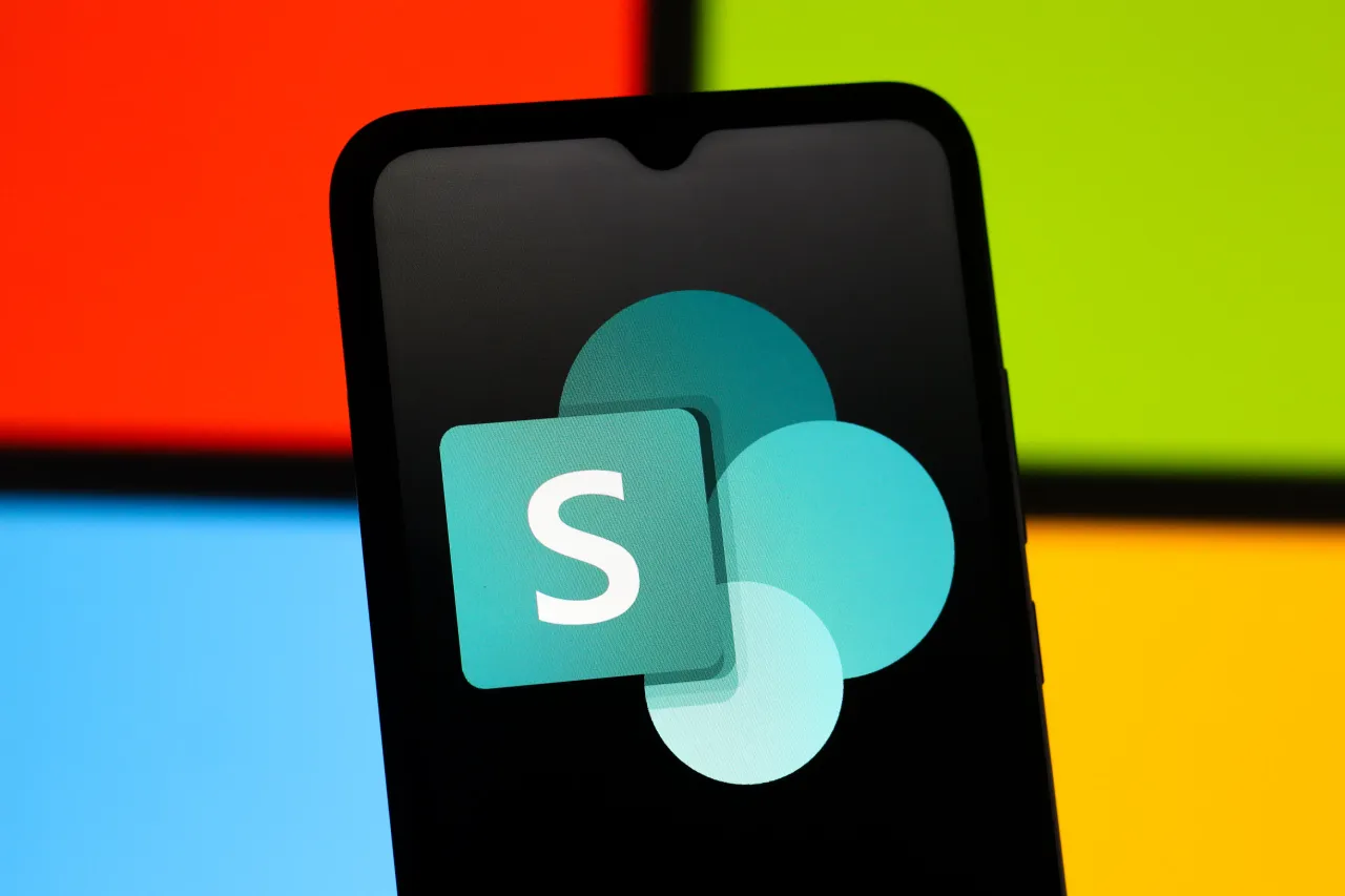 In this photo illustration, the Microsoft SharePoint (SharePoint) logo is displayed on a smartphone screen. 