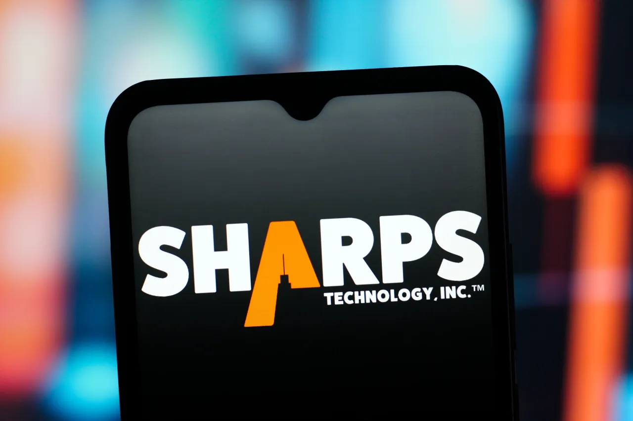 In this photo illustration, the Sharps Technology logo is seen displayed on a smartphone screen. (Photo Illustration by Thomas Fuller/SOPA Images/LightRocket via Getty Images)