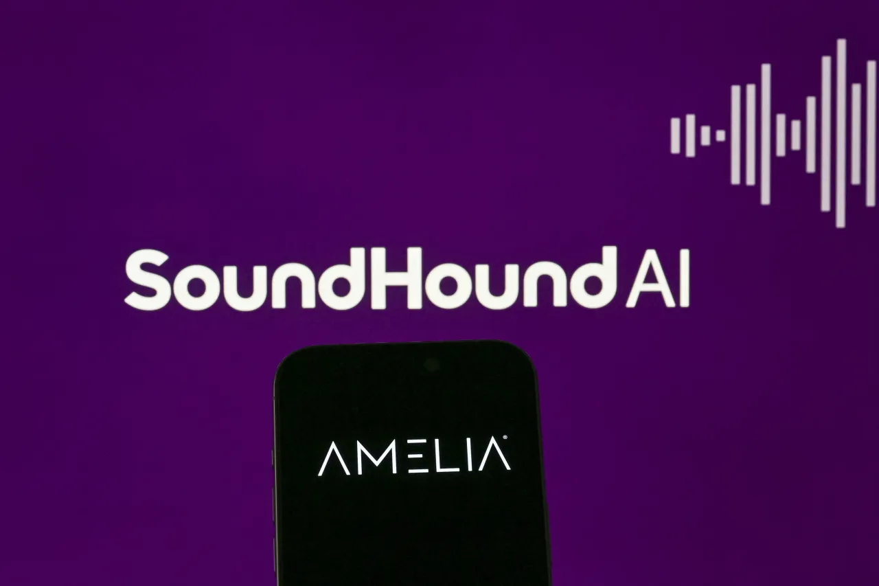 In this photo illustration, Amelia logo is being displayed on a mobile phone screen in front of a monitor displaying SoundHoundAI logo in Ankara, Turkiye on August 27, 2024. 