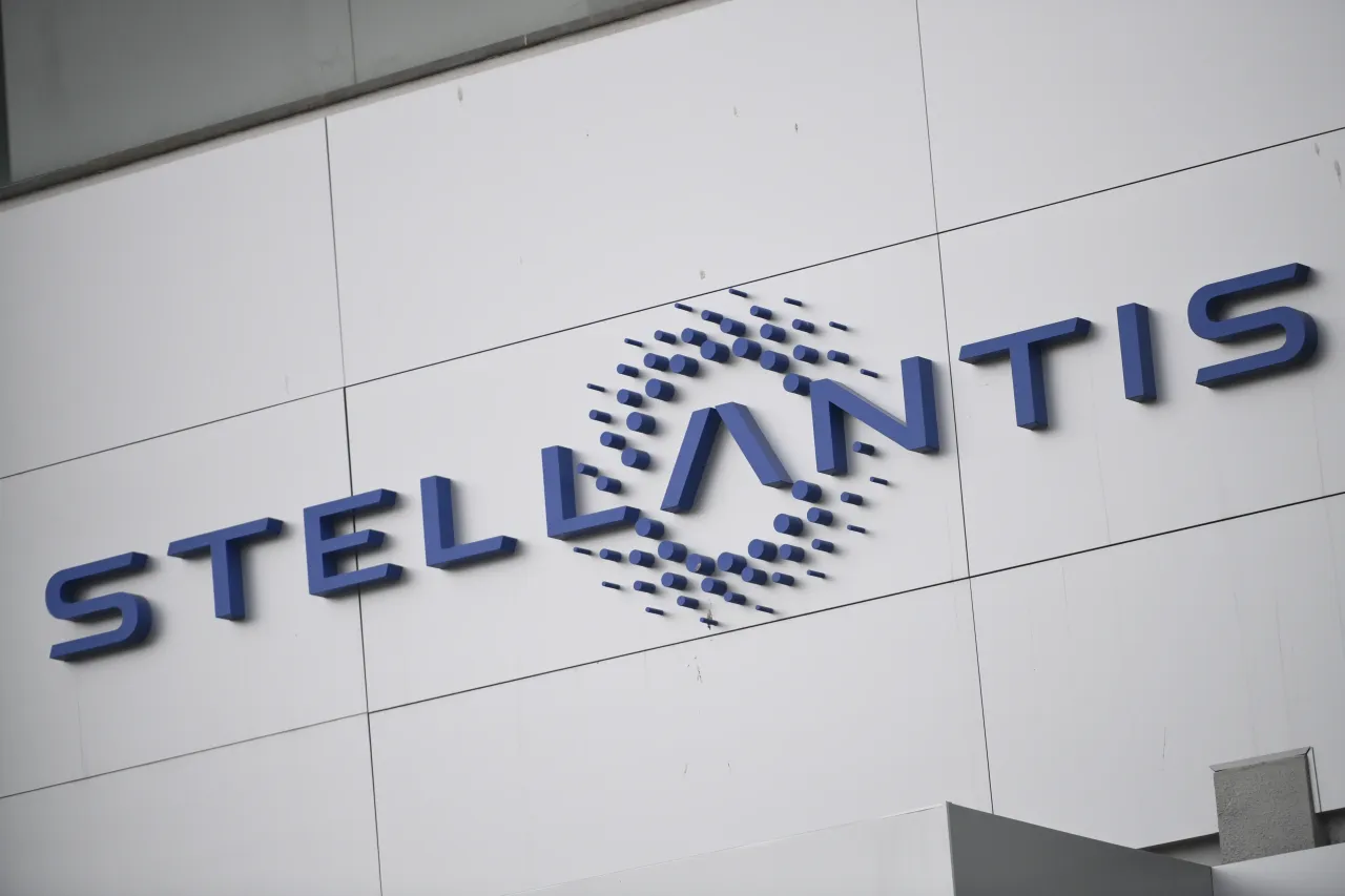 General view of Stellantis logo on the new Hybrid and PHEV Vehicles Stellantis Group eDCT Assembly Plant on April 10, 2024, in Turin, Italy. 