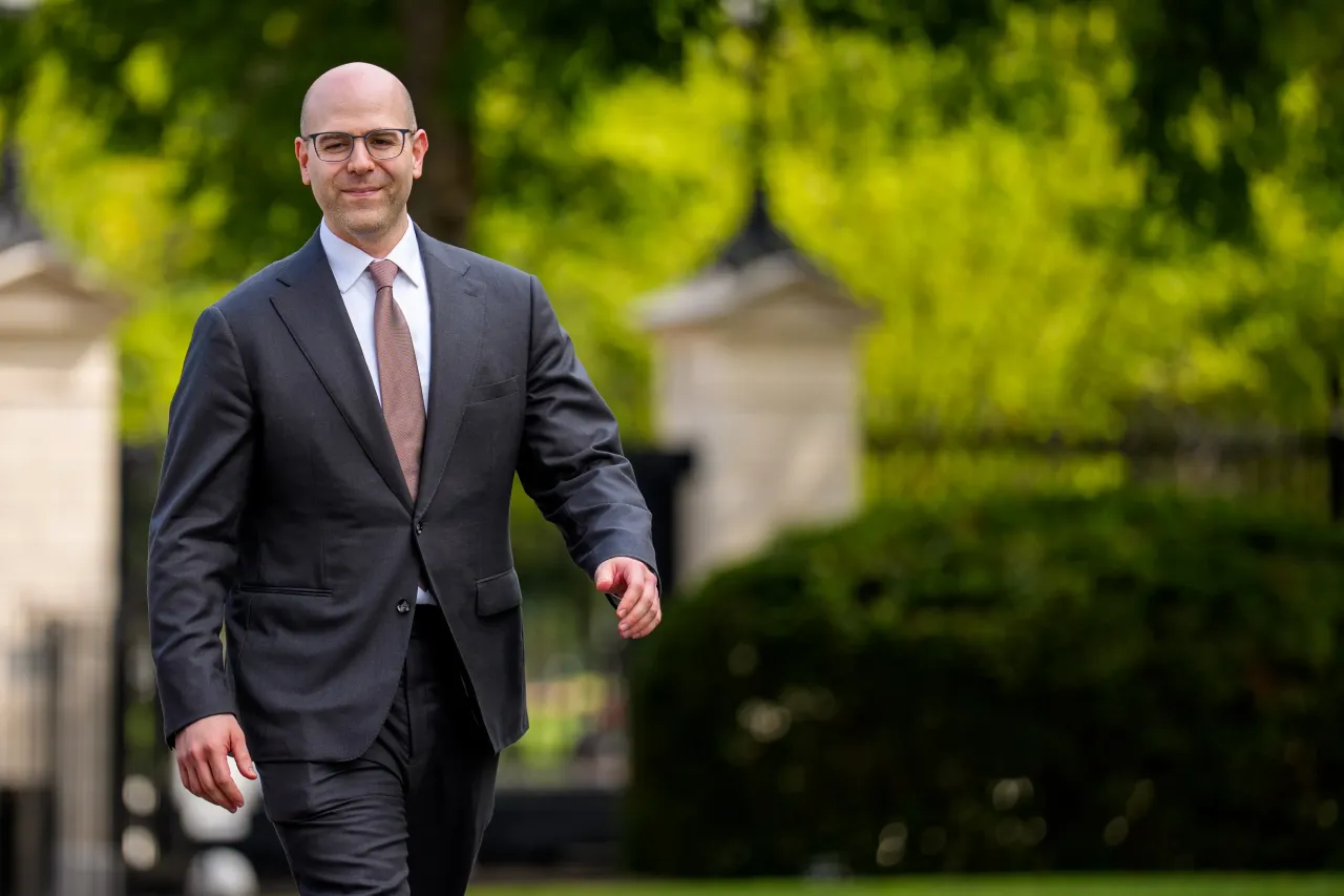 White House Council of Economic Advisers Chairman Stephen Miran walks towards the West Wing of the White House after conducting television interviews on the North Lawn on August 12, 2025 in Washington, DC. 