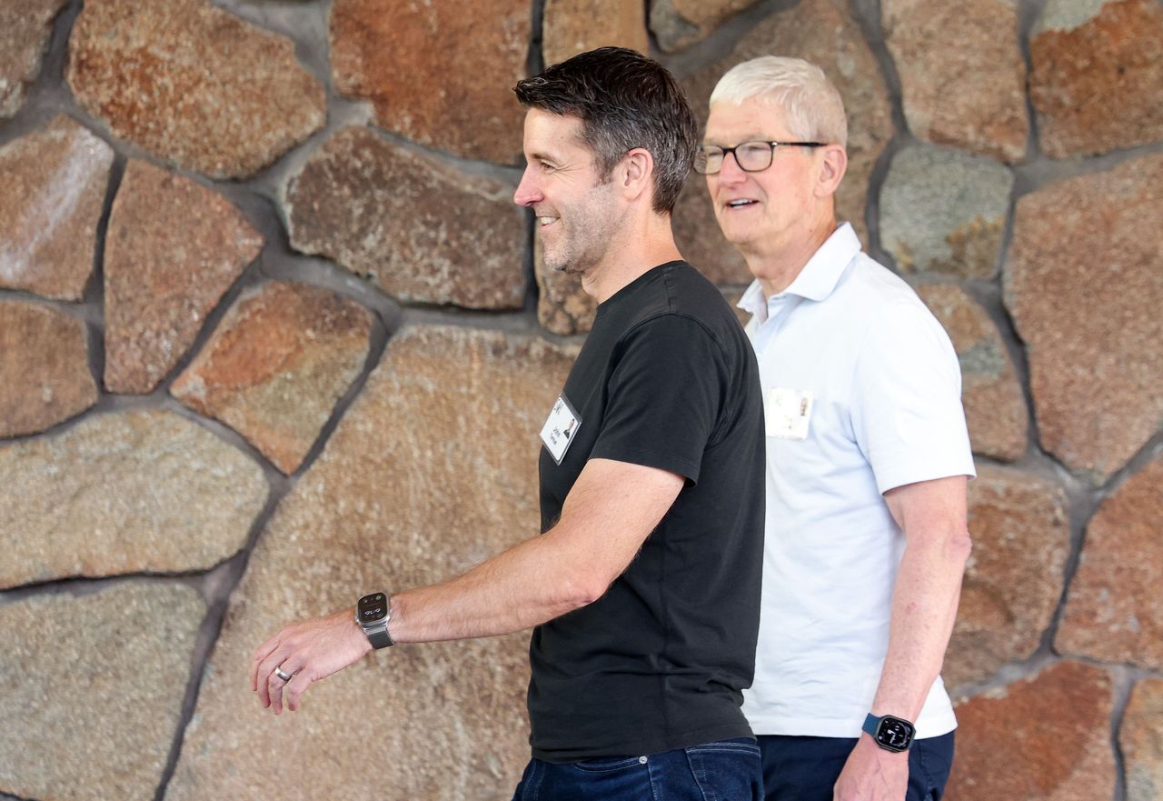 Tim Cook (R), CEO of Apple, walks with John Ternus, incoming CEO of Apple, arrive at the Allen & Company Sun Valley Conference at the Sun Valley Lodge on July 7, 2026.