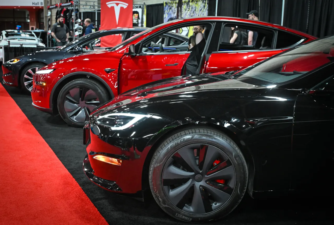 A lineup of various Tesla models on display at the Edmonton Motor Show on April 13, 2025, in Edmonton, Alberta, Canada. 