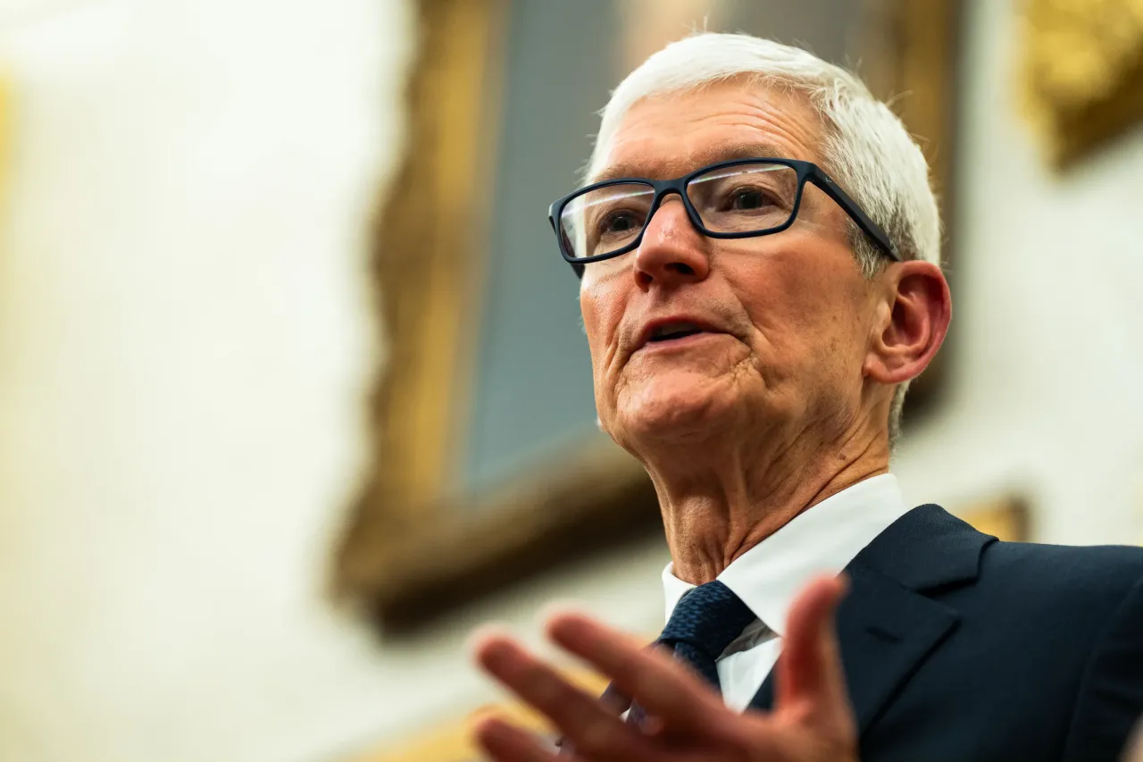 CEO of Apple Tim Cook during a meeting with US President Donald Trump in the Oval Office of the White House on Wednesday, August 6, 2025. 