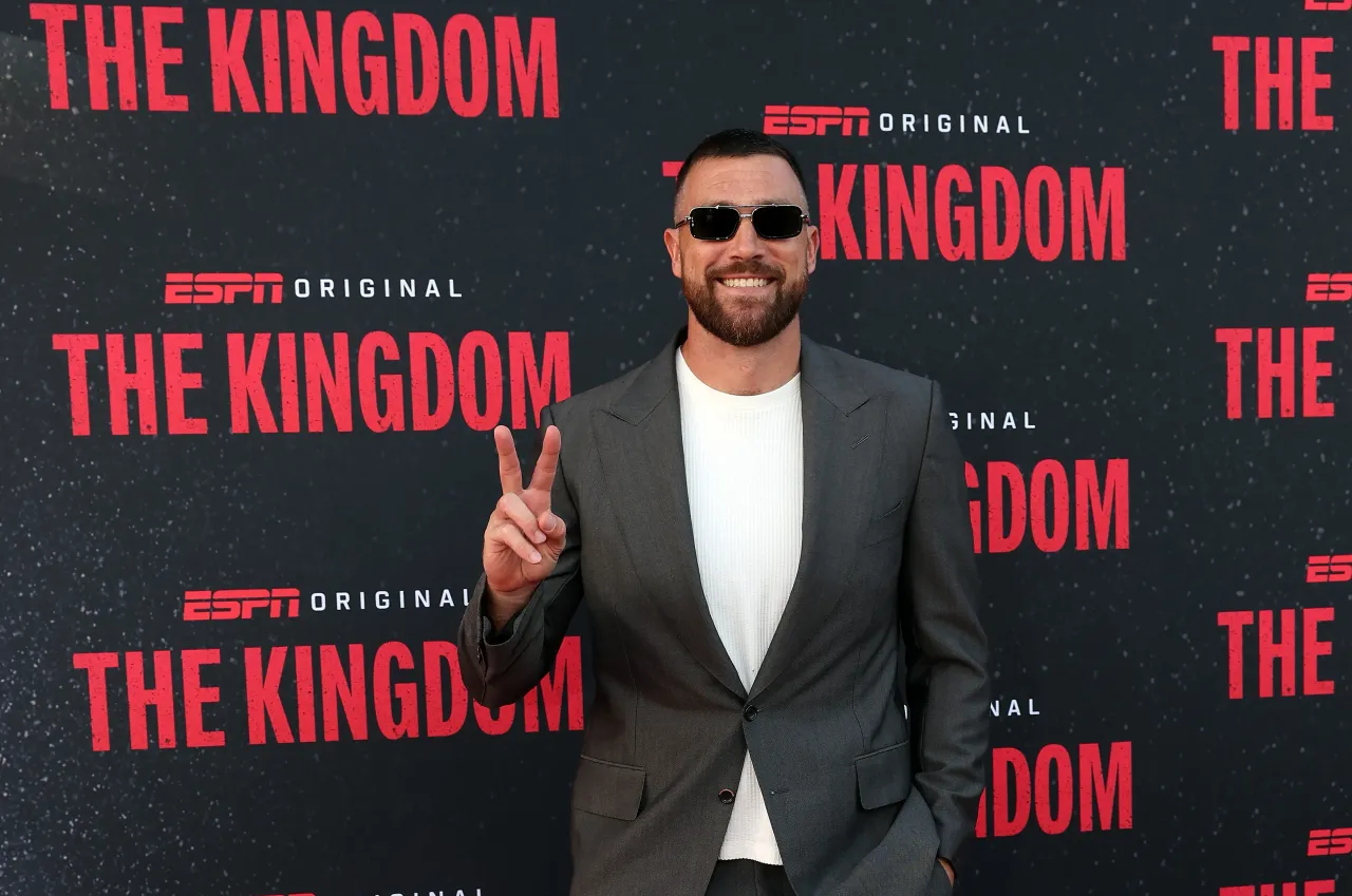 Tight end Travis Kelce #87 of the Kansas City Chiefs poses on the red carpet upon arrival for "The Kingdom" screening hosted by the Kansas City Chiefs at Kauffman Center for the Performing Arts.