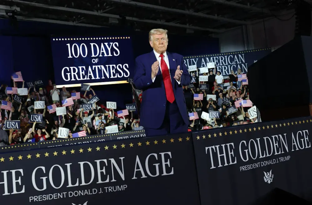 President Donald Trump speaks during a rally on April 29, 2025 at Warren, Michigan to highlight his accomplishments during his first 100 days in office. 