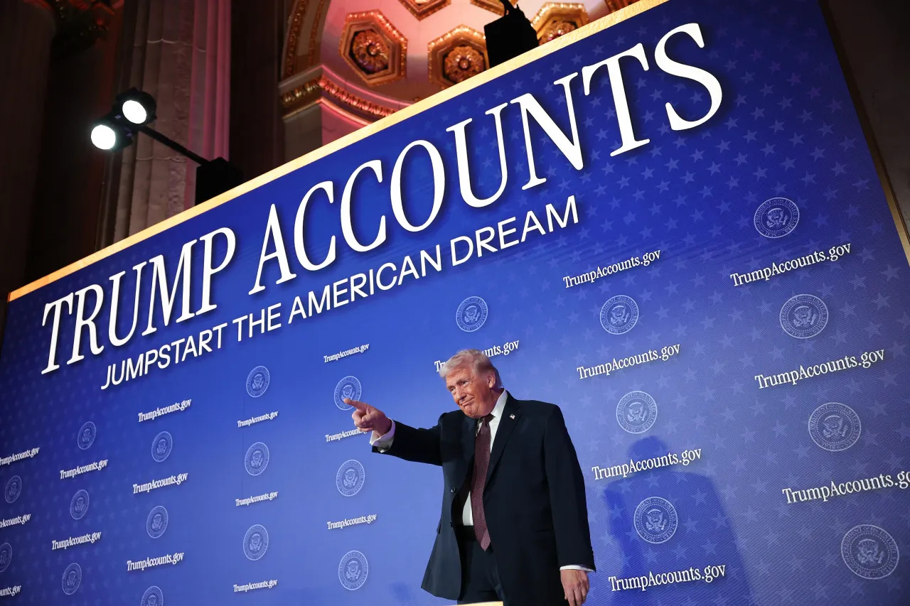 U.S. President Donald Trump arrives on stage before delivering remarks during the Treasury Department's Trump Accounts Summit at Andrew W. Mellon Auditorium on January 28, 2026 in Washington, DC. (Photo by Win McNamee/Getty Images)