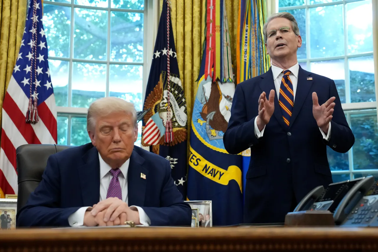 U.S. Treasury Secretary Scott Bessent speaks alongside President Donald Trump during a press availability in the Oval Office of the White House on September 05, 2025 in Washington, DC. 