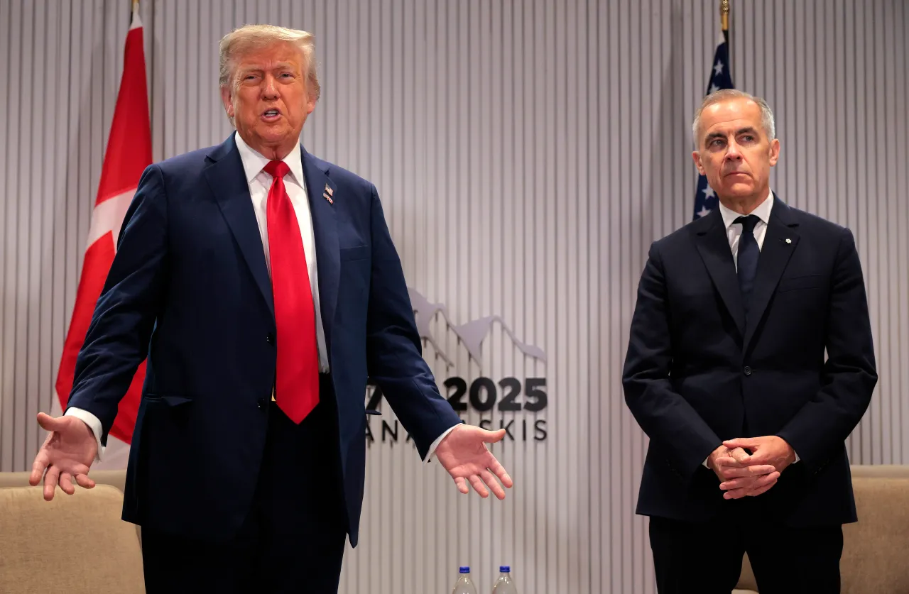 U.S. President Donald Trump and Canadian Prime Minister Mark Carney hold a bilateral meeting during the G7 Leaders' Summit on June 16, 2025 in Kananaskis, Alberta. 
