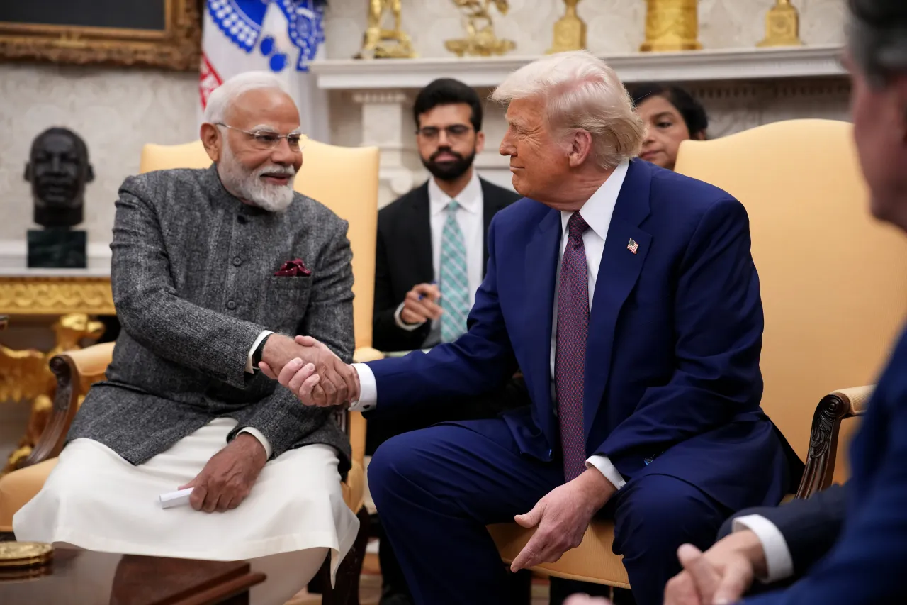 U.S. President Donald Trump and Indian Prime Minister Narendra Modi meet in the Oval Office at the White House on February 13, 2025 in Washington to discuss tariffs and trade relations. 