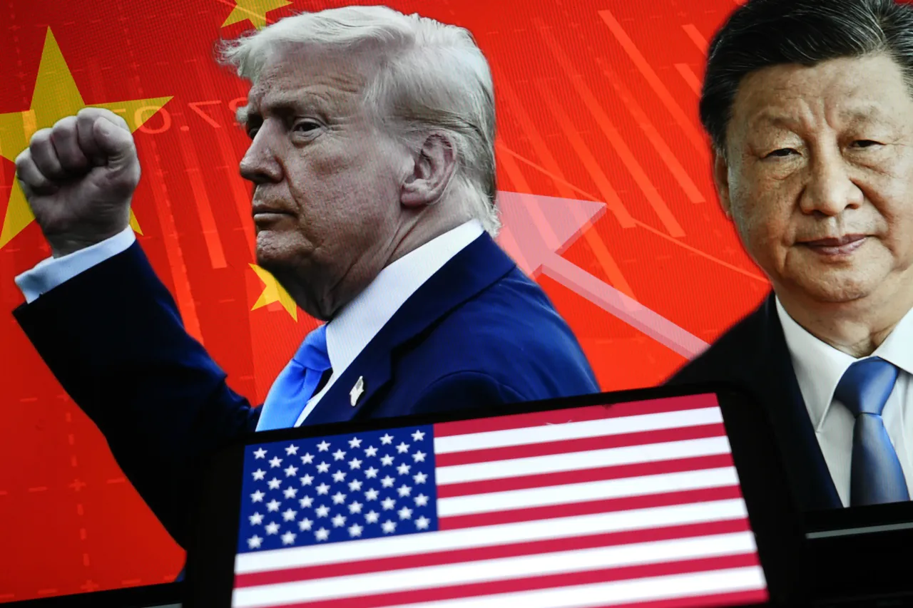 In this photo illustration portraits of US President Donald Trump and Chinese President Xi Jinping are displayed on computer screen as US flag is seen in Ankara, Turkiye on April 10, 2025. 