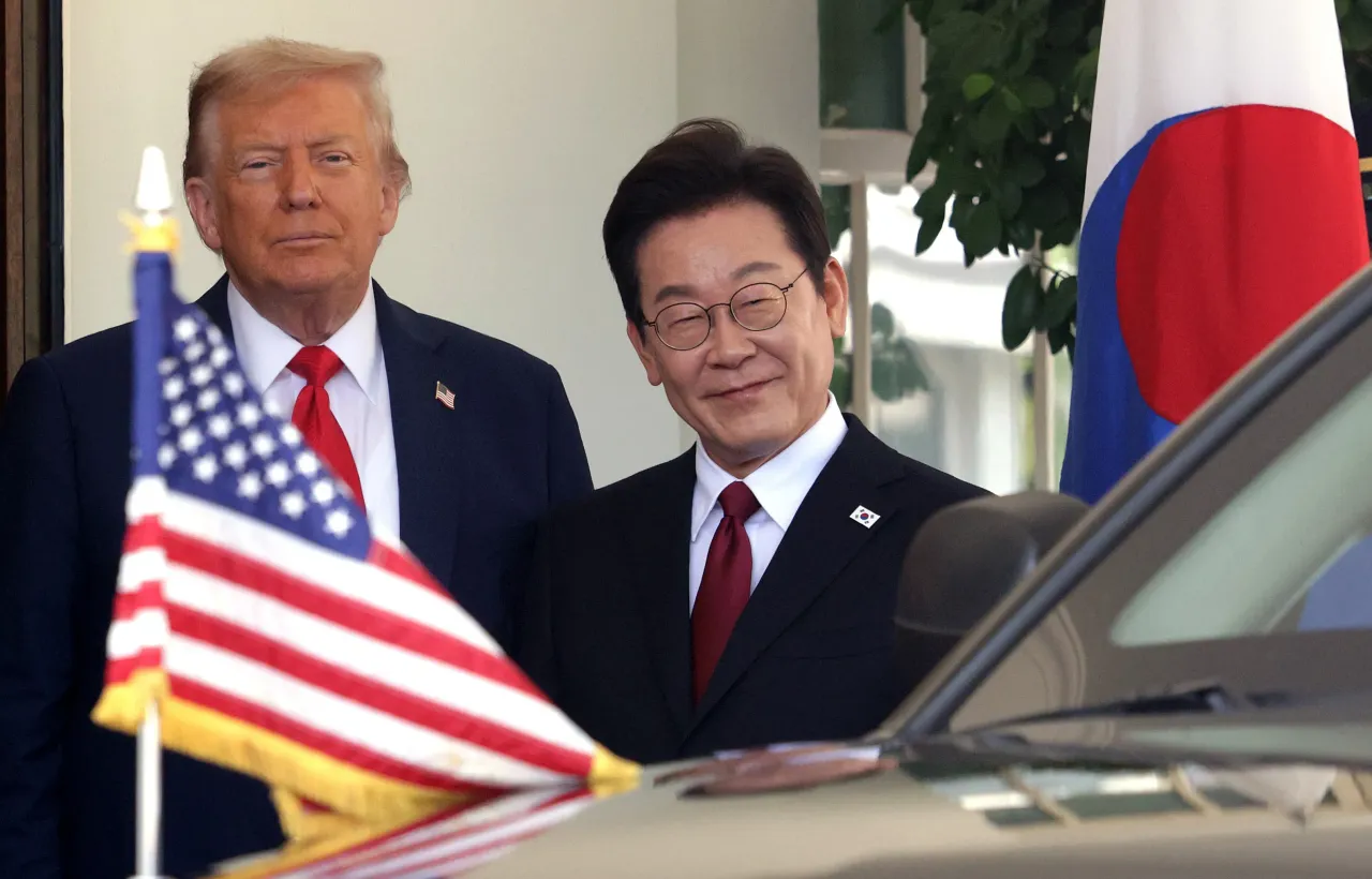 U.S. President Donald Trump greets President of South Korea Lee Jae Myung at the White House on August 25, 2025 in Washington, DC. (Photo by Alex Wong/Getty Images)