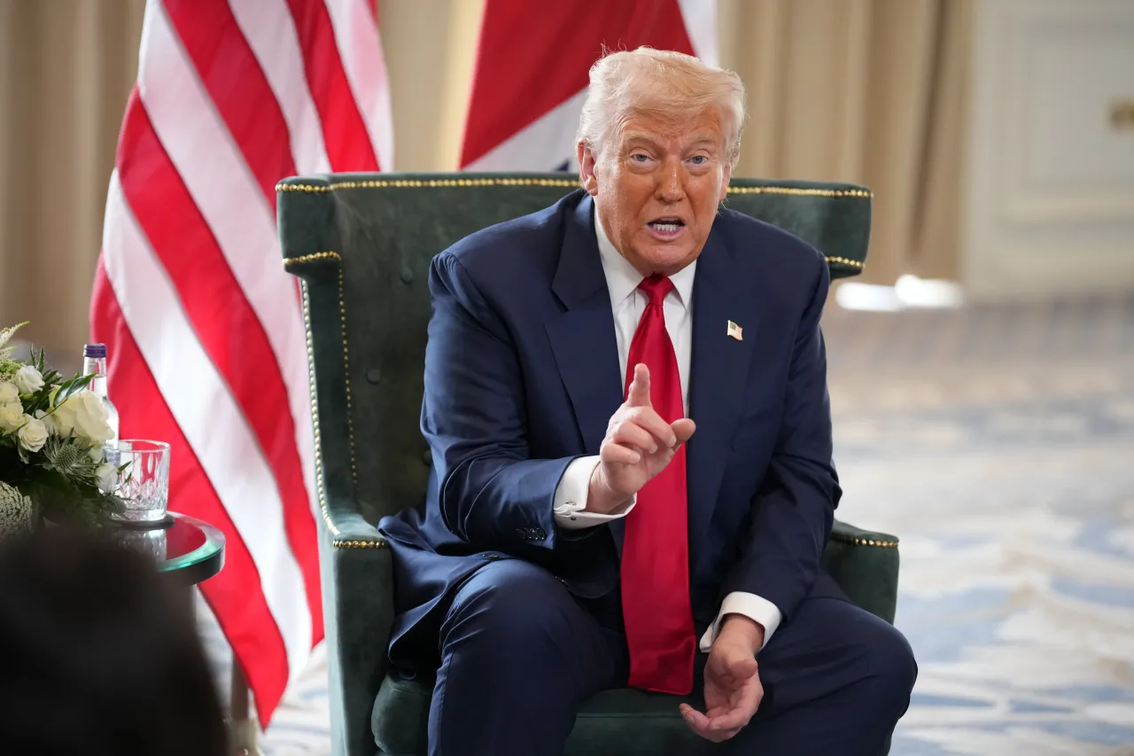 U.S. President Donald Trump gestures as he meets British Prime Minister Keir Starmer for bilateral talks at Trump Turnberry golf club on July 28, 2025, in Turnberry, Scotland.  
