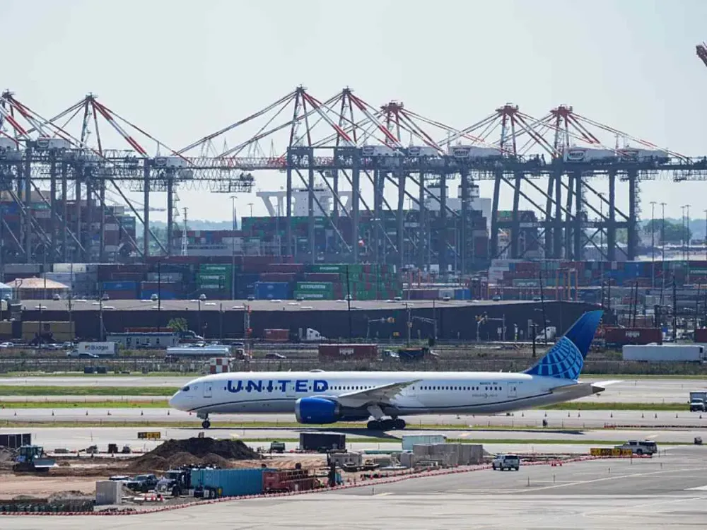 An aircraft taxis at Newark Liberty International Airport.