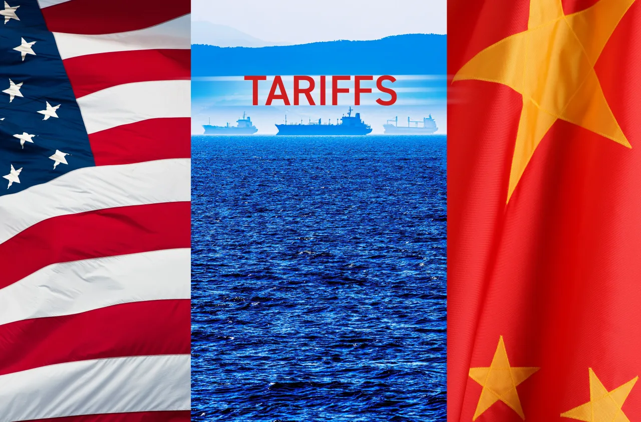 American and Chinese flags flanking photo of cargo ships - stock photo courtesy of TGI/Tetra Images via Getty Images