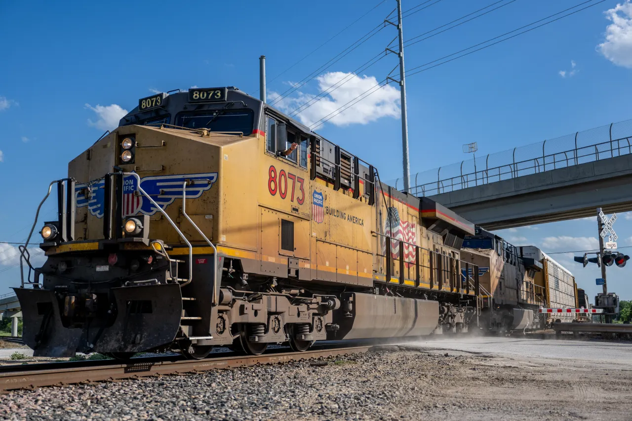  A Union Pacific freight train is seen traveling on April 21, 2023 in Round Rock, Texas.