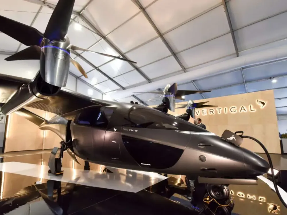 The VX4 Vertical Aerospace low noise, zero emission electric aircraft is displayed during the Farnborough International Airshow 2022.