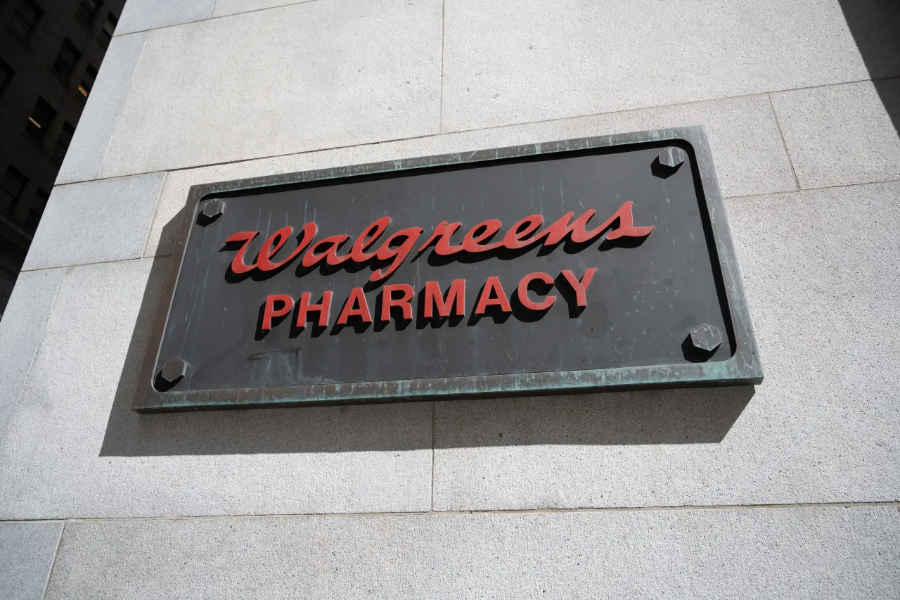 Walgreens Pharmacy sign mounted on stone facade, San Francisco, California, May 13, 2025. 