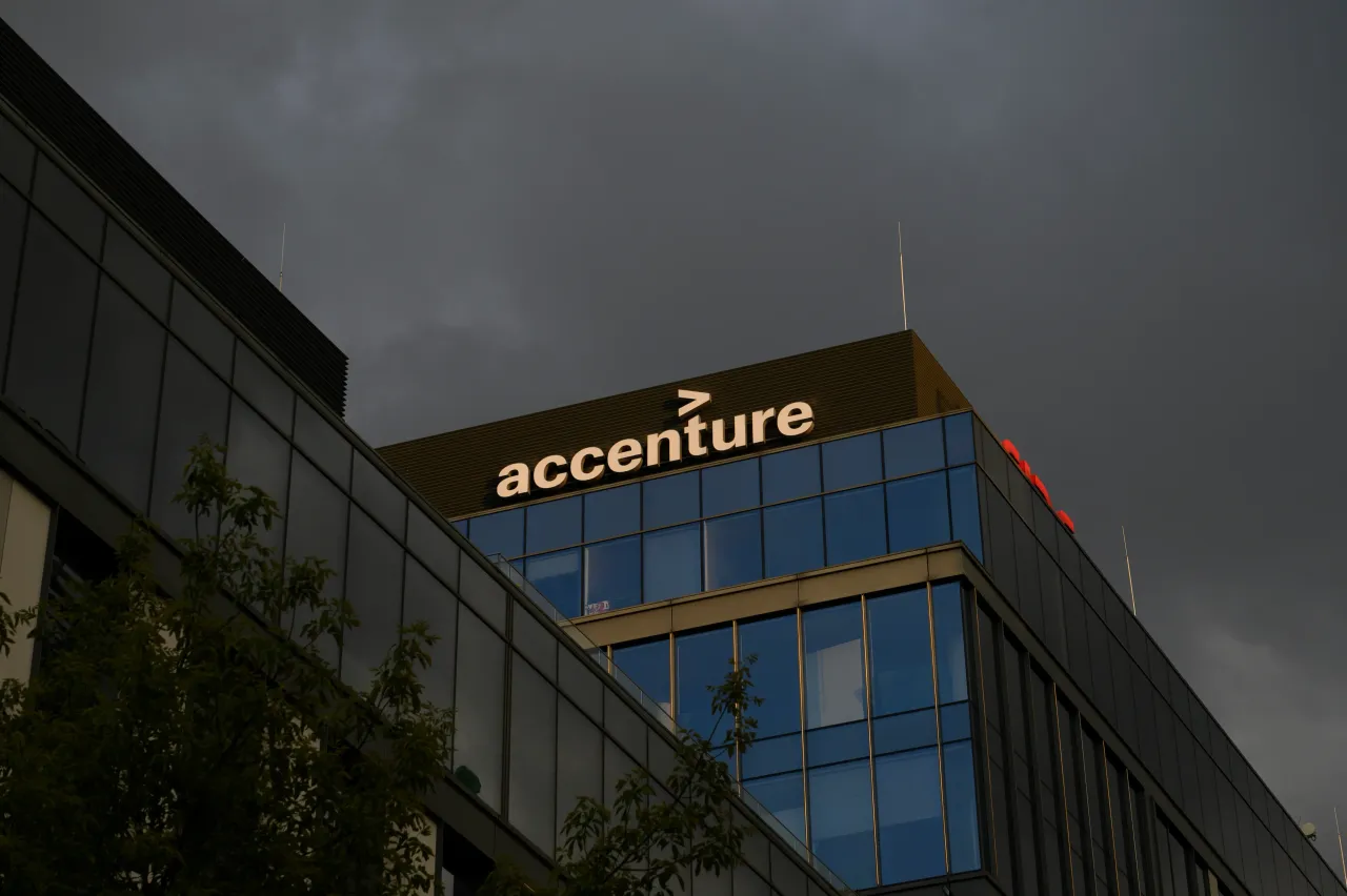 Accenture signage is being pictured in Warsaw, Poland, on August 7, 2024. (Photo by Aleksander Kalka/NurPhoto via Getty Images)