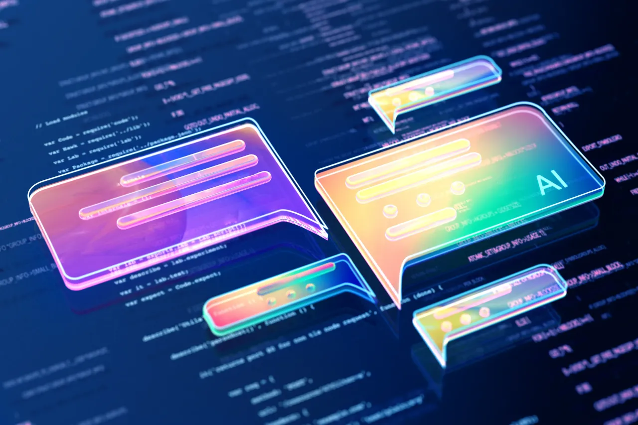 Digital generated image of abstract AI data chat icons flying over digital surface with codes. (Photo by Andriy Onufriyenko/ Getty Images)