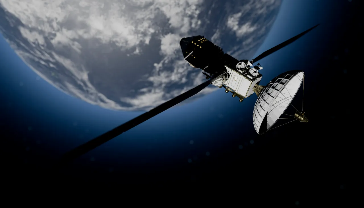 Illustration of a satellite orbits Earth against a backdrop of space and a sunlit horizon