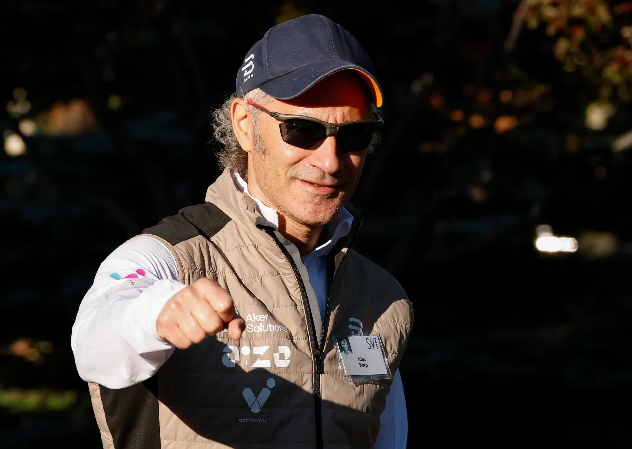 Alex Karp, CEO of Palantir Technologies, talks to members of the media at the Allen & Company Sun Valley Conference on July 10, 2025 in Sun Valley, Idaho. (Photo by Kevin Dietsch/Getty Images)