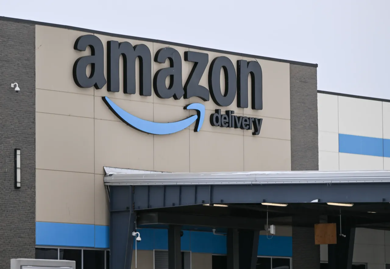 Close-up of the Amazon delivery logo on the Amazon warehouse in Leduke, Alberta, Canada, on February 7, 2025