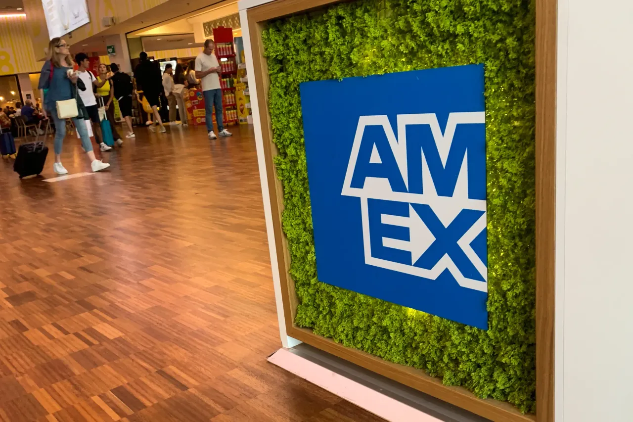 American Express logo at the airport in Bergamo, Italy on September 4, 2023. (Photo by Jakub Porzycki/NurPhoto via Getty Images)