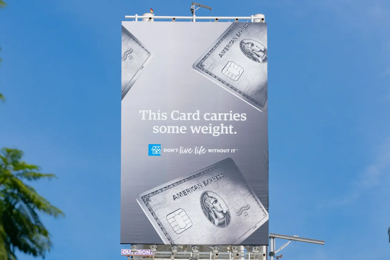 A billboard above Hollywood & Vine promoting the American Express Platinum Card on March 25, 2022 in Hollywood, California