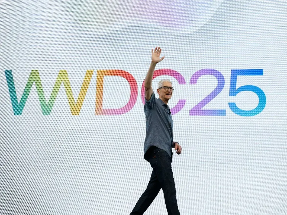 Apple CEO Tim Cook speaks during the Apple Worldwide Developers Conference (WWDC) on June 09, 2025.