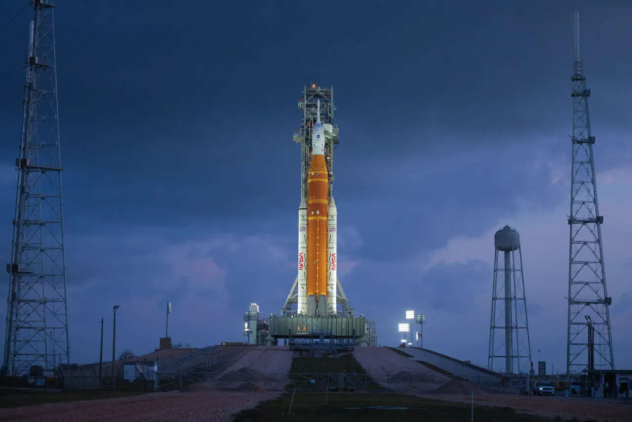 NASA's 322-foot-tall Artemis II Space Launch System rocket and Orion spacecraft stand on Launch Complex 39B at Kennedy Space Center on March 31, 2026 in Cape Canaveral, Florida. (Photo by Chip Somodevilla/Getty Images)