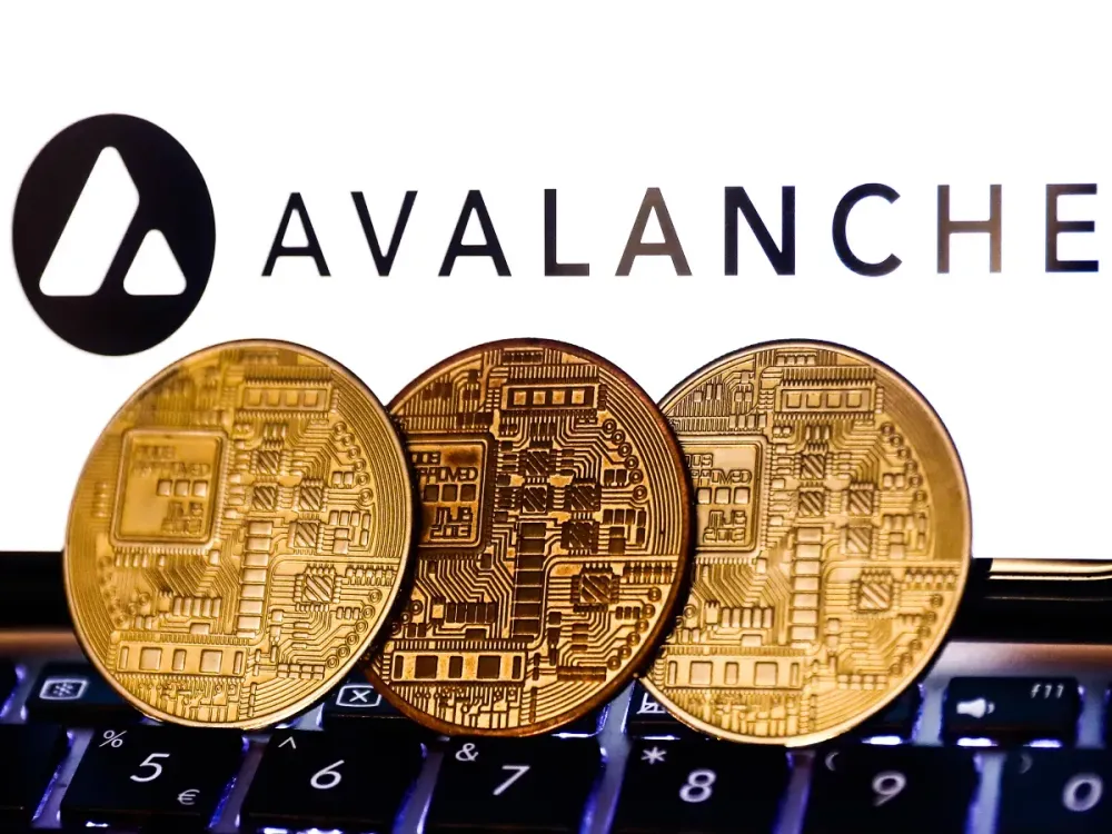 Avalanche logo displayed on a phone screen and representation of cryptocurrency are seen in this illustration photo taken in Krakow, Poland on November 6, 2021. (Photo by Jakub Porzycki/NurPhoto via Getty Images)