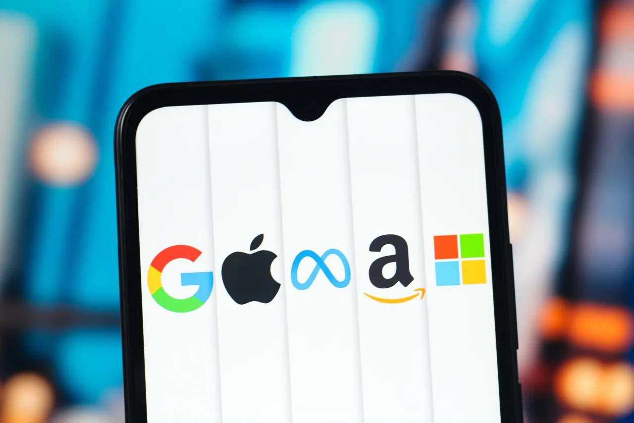 In this photo illustration, the Google, Apple, Meta, Amazon and Microsoft (Big Tech) logo is seen displayed on a smartphone screen. (Photo Illustration by Thomas Fuller/SOPA Images/LightRocket via Getty Images)